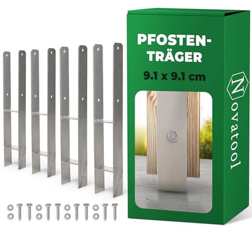 Novatool 4x Einschlagbodenhülsen-Set H-Form 91x91x600 mm, Bodenhülse Sonnenschirm Pfostenträger Zaunpfosten Holzpfosten Bodenhülsen Einschlaghülse Erdspieß zum Einschlagen, verzinkt, mit Schrauben