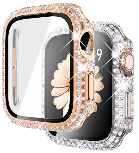 Fullife Confezione da 2 pellicole protettive per schermo compatibili con Apple Watch Serie 10 da 42 mm, custodia protettiva in vetro temperato glitterato per iWatch 42 mm (oro rosa/trasparente)