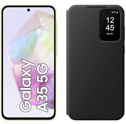 Samsung Galaxy A35 5G Smartphone, Android-Handy ohne Vertrag, 256 GB / 8 GB RAM, 2 Tage Akkulaufzeit, 50-MP-Kamera, Awesome Lemon+Smart View Wallet Case, Black