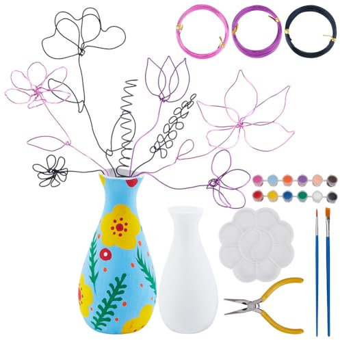 WEBEEDY DIY Make Your Own Flower Bouquet and Vase Kit Wire Flowers Craft Making Kit Includes 1 Vase,12 Colors Paint, 20m Wires, Tools and Instruction Vase Art and Craft for Birthday Mother's Day Gift