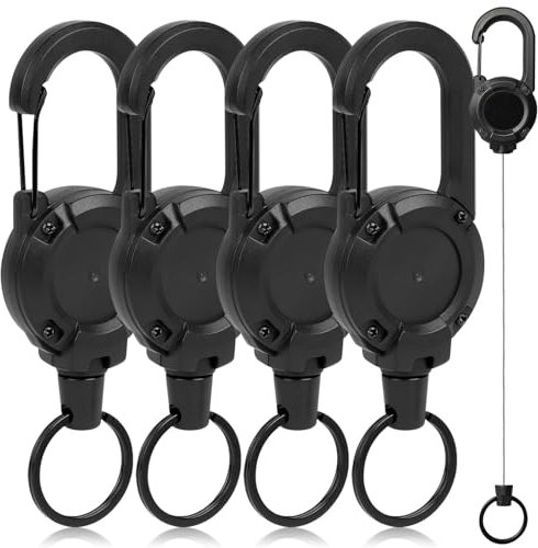 Portachiavi Retrattile Filo Acciaio,4 Pezzi Porta Badge Retrattile con Cavo Acciaio da 60cm con Moschettone Clip Bobina Badge per Cordino per Carta D'identità Clip per Cintura Nera