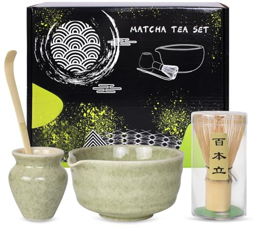 Naapesi Matcha-Set, Matcha-Schale mit Ausguss, Matcha-Rührer,Matcha-Besen, Matcha-Löffel, Keramik-Matcha-Set, 4-teiliges Matcha-Tee-Set für Matcha-Liebhaber, perfekt für Matcha-Zubereitung (A)