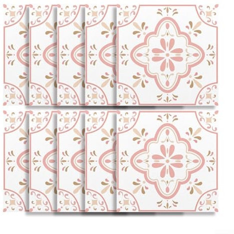Easily Applyable Set of 10 Vintage Style Waterproof Tile Stickers in Pink Patterns (large)