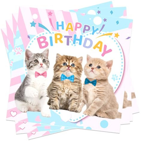 Ovanda 24 Stück Katzen Geburtstag Deko Servietten (33 x 33 cm), Kindergeburtstag Servietten Katze, Servietten Kinder Tischdeko, Katzen Deko Papierservietten, Haustier Party Dekoration Papierservietten