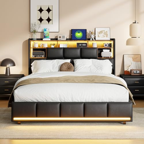MOTUZP Polsterbett Doppelbett 140x200cm Jugendbett Gepolstertes Bett Stoffbett Stauraumbett mit Hydraulisch Boxspringbett mit LED Beleuchtun, Lattenrost (Schwarz PU, 140x200CM)