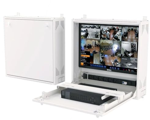 Wall-Mount DVR/NVR Security Enclosure, Lockable Steel Cabinet with 1U Adjustable Rail, Ventilated, 22″ W x 21.2″ H x 5.9″ D, White (RAL 7035) – STURDX