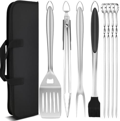 9-Teiliges Grillzubehör Set aus Edelstahl, Grill-Geschenke für Männer & Väter zu Geburtstag/Weihnachten, Langlebiges BBQ Werkzeug Set für Outdoor Grill & Camping inkl. Tragetasche, Spatel, Zange