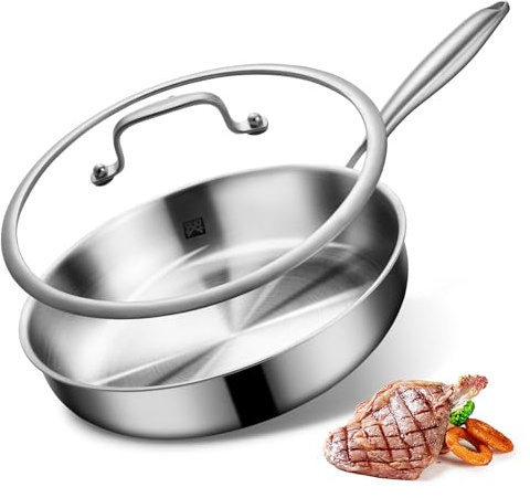 Edelstahlpfanne 28 cm mit Deckel, Pfanne Edelstahl Unbeschichtet , 3 lagige Edelstahl Bratpfanne Induktion Omelette schadstofffreie für alle Herdarten Ofenfest Spülmaschinenfest für Steak Ei (28cm)