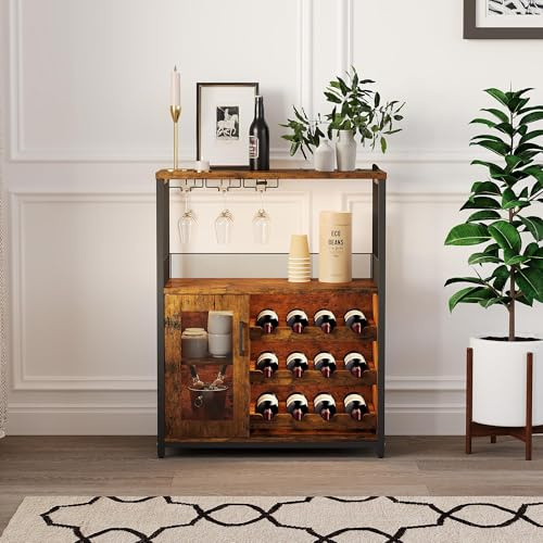 GarveeHome Weinschrank mit LED-Beleuchtung, Barschrank Industrial 70x35x92 cm, Weinregal verstellbar mit Glashalter für Küche, Esszimmer, Wohnzimmer, Kaffeebar Möbel - D