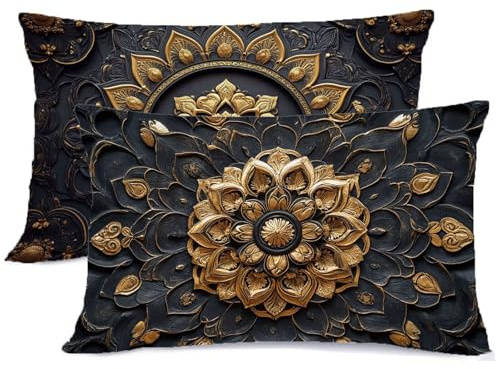 Schwarz Kissenbezug 40 x 80 Gold Kissen 40x80 Super Weich Kopfkissenbezug 2er Set Kissenbezüge mit Reißverschluss, Zierkissenbezüge Seitenschläferkissen Bezug, für Herbstdeko Weihnachtsdeko G - 495