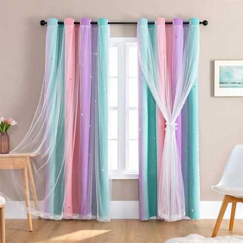 Dreamy Regenbogen-Stern-Vorhänge für Mädchenzimmer, Farbverlauf, Prinzessinnen-Fensterbehandlung, ideal für Lichtblockierung und Raumdekoration (Grün, Lila, Rosa)