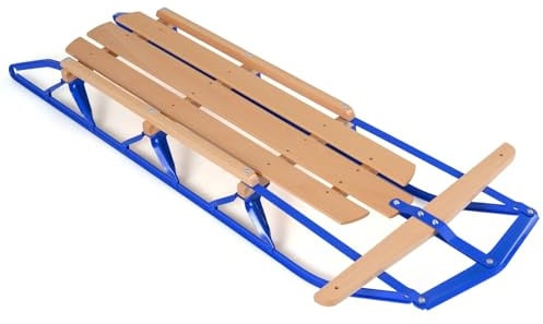 COSTWAY Luge en Bois et Acier à Patins avec Barre de Direction, Traîneau en Bois pour la Neige Charge 150KG, Adaptées aux Adultes et Enfants de 5 Ans+, 137 x 58 x 16 cm (Bleu)