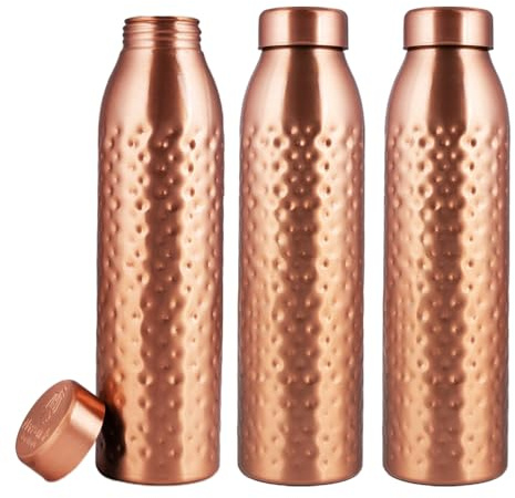 NORMAN JR, Copper Water Bottle 1L - Gift Box of 3, Hammered, an Ayurvedic vessel made from pure copper - helps you drink more water, with many health benefits