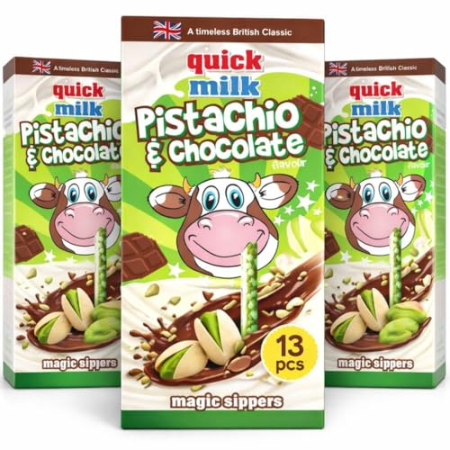 Quick Milk Magic Sipper Straws Chocolate & Pistachio Flavour – 39 Flavoured Milk Straws (3 x 13 Pack) Drinking Straws for Kids, Turn Milk into Chocolate Milkshake Drink