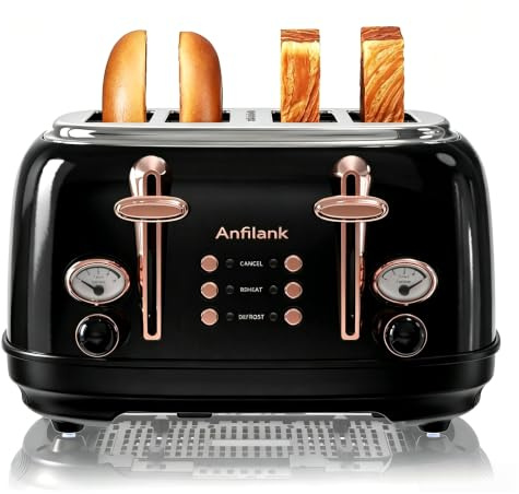 Anfilank Toaster 4 Slice - Retro Stainless Steel Design with 6 Browning Levels, 1.6 Wide Long Slots, Reheat and Defrost Functions, Removable Crumb Tray, Vintage Toaster- Elegant Kitchen Appliance