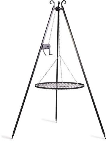 CookKing Tripod Grill 180cm with Winch and 70cm Natural Steel Grate, Height-Adjustable Campfire BBQ, Powder-Coated Foldable Steel Tripod, Made in Europe