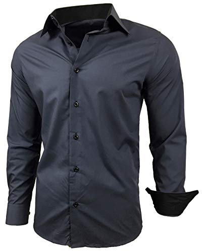 Baxboy Herren-Hemd Slim-Fit Bügelleicht Für Anzug, Business, Hochzeit, Freizeit - Langarm Hemden für Männer Langarmhemd R-44, Farbe:Anthrazit, Größe:XL