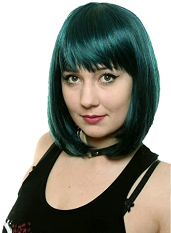 Prettyland Damen Frauen natürliche Bob Mittellange Kurze Glatte Perücke Short Wig Pfau-grün Schwarz Blau Türkis green Short Wig C1498