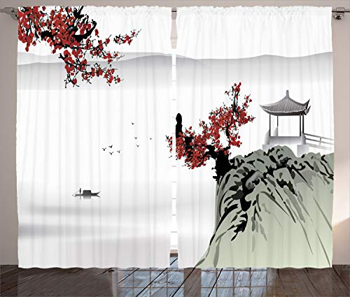 ABAKUHAUS asiatisch Rustikaler Gardine, Kirschblüten und Boot, Schlafzimmer Kräuselband Vorhang mit Schlaufen und Haken, 280 x 175 cm, Rubin Grau