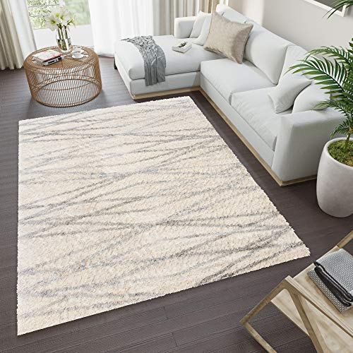 TAPISO Versay Teppich Shaggy Langflor Hochflor Modern Meliert Creme Grau Streifen Karo Design Gestreift Wohnzimmer Schlafzimmer ÖKOTEX 200 x 300 cm