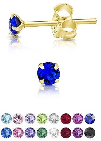 Pendientes de Botón Plata Ley 925 Chapados Oro 24K on Cristales Brillantes Azul 3 mm - Pendientes Dorados para Mujer - Punto de Luz Hipoalergénicos