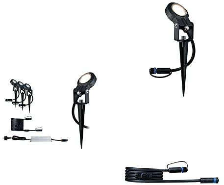 Paulmann Plug & Shine Sting Komplettset inkl.4x6W dimmbare Outdoor Erdspieß Gartenspots, 2x Verbindungskabel und Trafo, Außenleuchten IP67 Wasserdicht