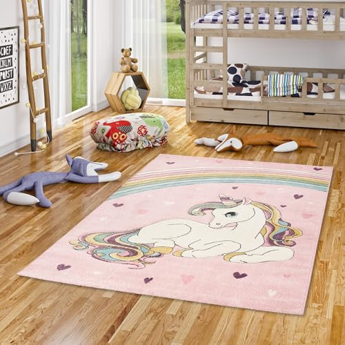 Pergamon Kinder Teppich Maui Kids Einhorn Pastell Rosa Bunt in 5 Größen