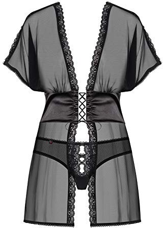 Selente Love & Fun verführerisches 3-teiliges Damen Dessous-Set aus Babydoll, passendem Höschen & Satin-Augenbinde, Made in EU, Schwarz-Schnürrung, L-XL