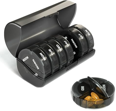 SUKUOS Pilulier Semainier Francais, Pilulier Rond 7 Jours 28 Compartiments Pillbox Pilulier Hebdomadaire - 4 Fois Par Jour Medication Dispenser