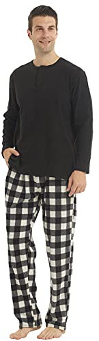 YUSHOW Set di 2 pigiami natalizi in pile invernale caldo partner pigiama per coppie, pantaloni lunghi a quadri, pigiama natalizio, Bianco Nero A Scacchi (uomo), M
