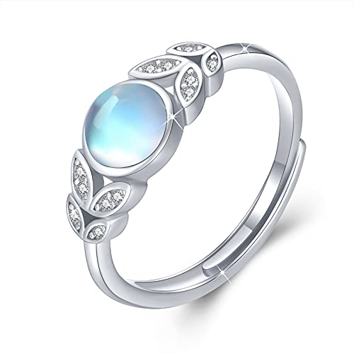 Mondstein Ring 925 Sterling Silver Ring Verstellbarer für Damen Offener Blatt Ringe Regenbogen Mondstein Schmuck Geschenke Valentinstag für Mädchen Kinder