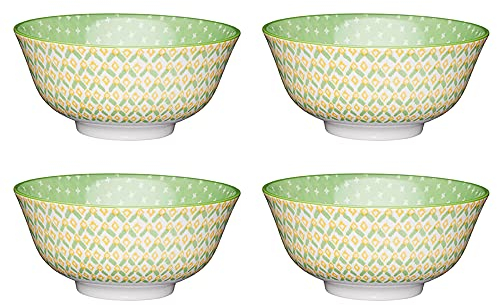 KitchenCraft Set of 4 Glazed Stoneware Bowls with Geometric Pattern, Green & Yellow Ceramic Bowls with Footed Base, Microwave & Dishwasher Safe, 15.7 cm (6) Green Geo