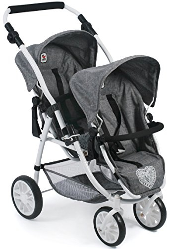 Tandembuggy Vario, Zwillingsbuggy für Zwei Puppen, Puppenwagen für Kinder von 4 bis 8 Jahren, Jeans Grau