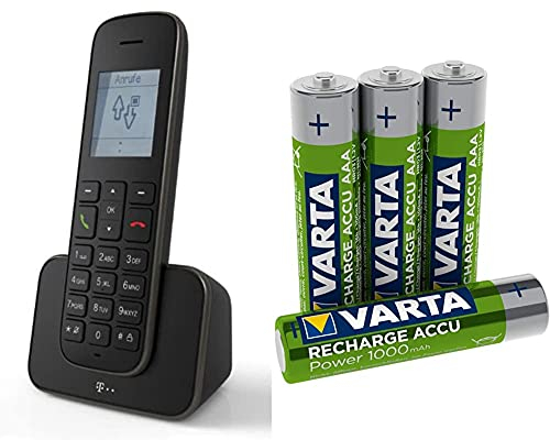 Telekom Erweiterungspack Sinus 207 Pack (Mobilteil und Ladeschale) schwarz & VARTA Rechargeable Accu Ready2Use vorgeladener AAA Micro NI-Mh Akku (4er Pack, 1000 mAh)