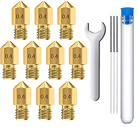 MMOBIEL 10 Piezas 0,4 mm Latón MK8 Impresora 3D Boquillas Extrusión Compatible con Creality Ender Serie 3, Ender Serie 5, CR-10/10S, Macurbot,Incl. 3 Agujas de Limpieza con Llave