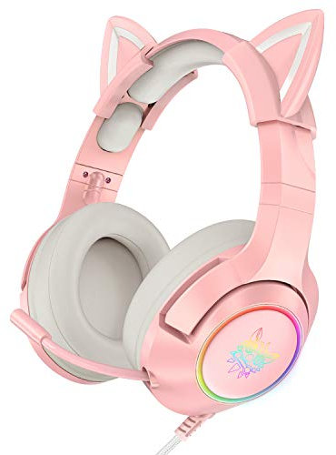 CAIKEZI SIMGAL Pink Gaming Headset with Mic, Compatible with PS4 PS5 One(Adapter Not Included) PC Mobile Phone, Removable Cat Ear Surround Sound Headphone with RGB for Girls Women