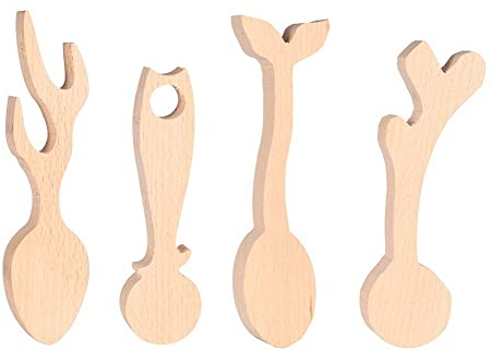 PandaHall 4pcs Wood Carving Spoon Blank Whale Tail & Antler & Cat & Deer Shape Moccasin Color Unfinished Wooden Spoon Craft Whittling Kit for Whittler Starter
