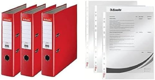 Esselte | Pack de 3 Classeurs à levier A4 | Dos 75mm | PP |Rouge | 624292 + Esselte |Pochettes Perforées A4 | Lisse Transparente | Polypropylène 43 Microns | Lot de 100 |13089