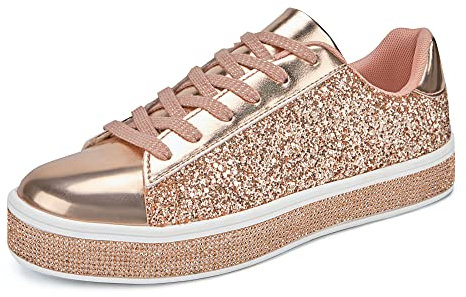 UUBARIS Women's Glitter Tennis Sneakers Neon Dressy Sparkly Sneakers Rhinestone Bling Wedding Bridal Shoes Shiny Sequin Shoes Rosegold Size 7