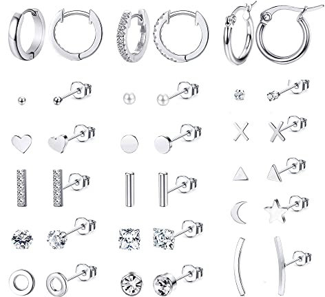JeryWe 18 paires Lot Boucles d'oreilles et Creoles Femme Fille en Acier Inoxydable Hypoallergénique Petite Géométriques Piercing Bijoux en argent Multi-Oreilles Exquises Boucle d'Oreille Ensemble