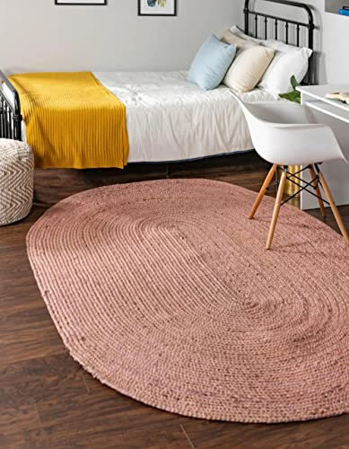 Agro Richer RUG Jute-Teppich, natürlich, handgeflochten, oval, rosa, handgefertigt, Naturfaser, Teppich, Küche, Flur, Teppiche für Wohnen, 60 x 120 cm