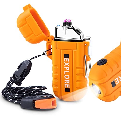 Electric USB C Rechargeable Lighter with Cross Dual Arc, Windproof and Waterproof Lighter with Flashlight for Camping, Survival, Hiking (Orange)