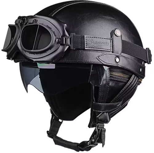Retro Street Motorcycle Helmet for Men & Women Classic Vintage Open Face Leather Half Helmet ECE Certified for Cruiser Moped Chopper Jet Scooter ATV,with Goggles and Hidden Visor