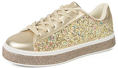 UUBARIS Damen-Tennis-Sneaker, glitzernd, neonfarben, glitzernd, Strass, Bling, Hochzeit, Brautschuhe, glänzende Paillettenschuhe, Goldfarbene Pailletten, 39 EU
