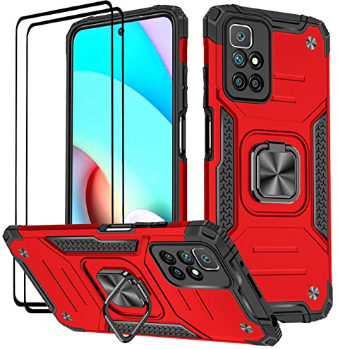 KANSi Coque pour Xiaomi Redmi 10 / Redmi 10 2022, Verre Trempé [2 Pièces] + Housse TPU Silicone Rotation 360° Aimant Anneau Support Double Défense Protection Etui - Rouge
