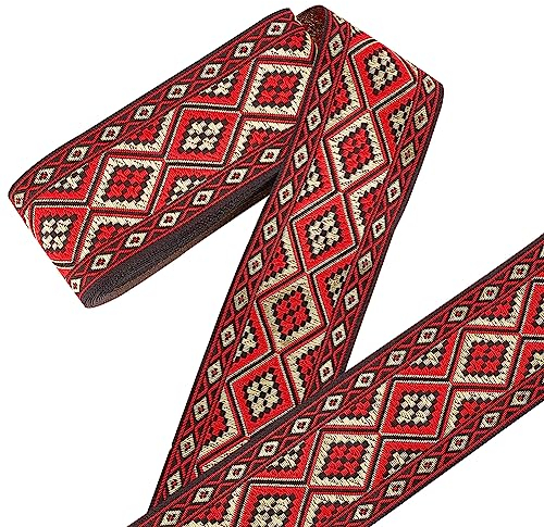 PH PandaHall 7m Boho Jacquardband, 5cm Rhombus Bestickter Webbesatz Ethno Stil Polyesterbänder Stoffbesatz Fransen zum Nähen Handgefertigte Tasche Kleidungsdekoration