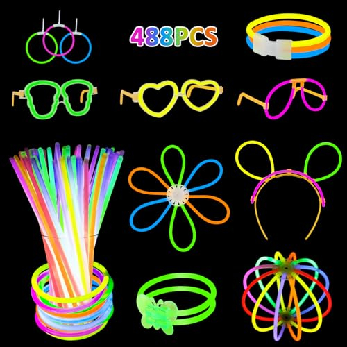 Palos Fluorescentes, Beihre 488 Piezas Pulseras Fluorescentes Fiesta Barras Luminosas Fluorescentes, Fiesta Neon Fiestas de Pulsera de Neón Decoran Fiestas de Piscina de Bodas de Palos Fluorescentes