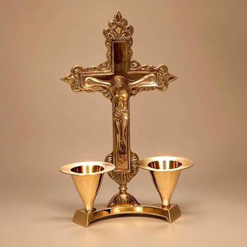 Hashcart Messing-Kruzifix-Kreuz mit Kerzenständer (15,2 cm) Jesus Christus Statue & Figur für Tischdekoration, Kreuz mit Jesus Christus für Heimdekoration, Bürodekoration