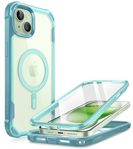 i-Blason AresMag for iPhone 15/14/13 [6.1 inch], [MagSafe Compatible] Full-Body Shockproof Rugged Clear Bumper Case With Built-in Screen Protector (SeaFoam)