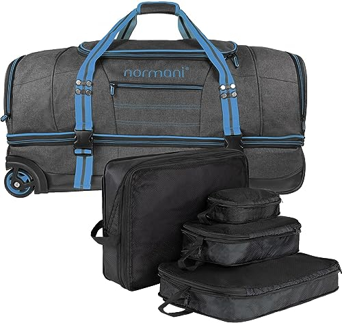 normani Reisetrolley 90 L Reisetasche mit Rollen Weichgepäck Wheeled Duffel mit 4 passenden Packtaschen Farbe Blau